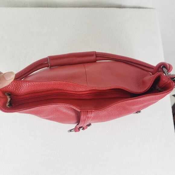 Vera Pelle Shoulder Bag Large Red Pebble Leather Purse with Ring Stitch Detail - Picture 9 of 11